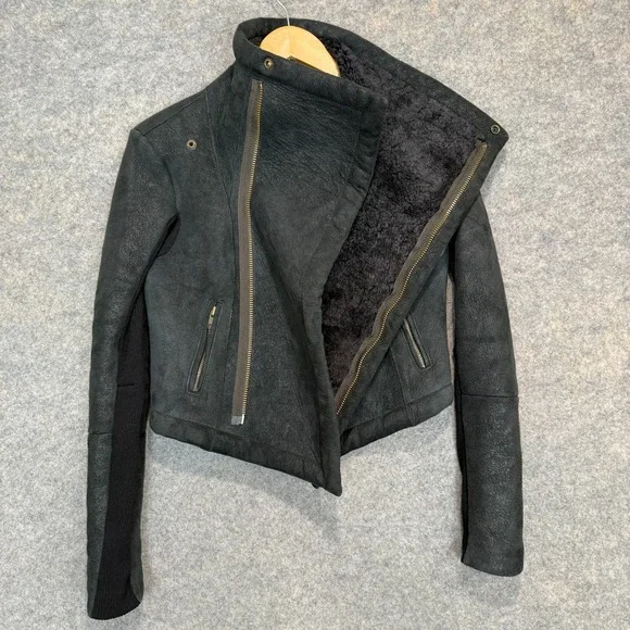 Veda 100% Shearling Leather Fur Moto Jacket Womens Small Motorcycle Designer Zip - Picture 10 of 16